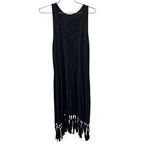 Scoop Neck Fringe Hem Tank Dress Size Large Sleeveless Solid Black Swim Cover Up
